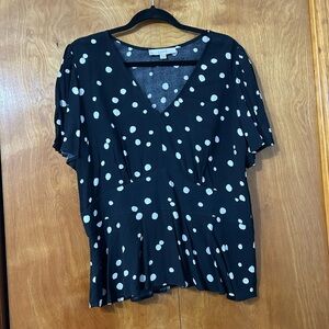 LOFT Black White Polka Dot V-Neck Peplum Blouse